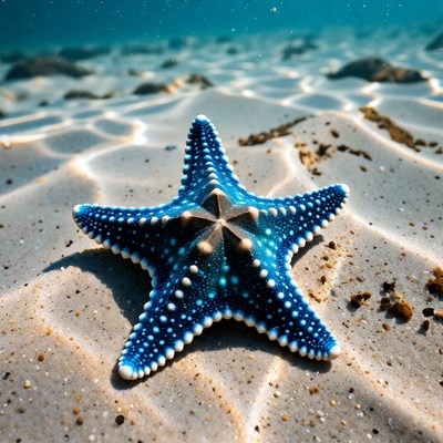 Blue starfish on sandy ocean floor