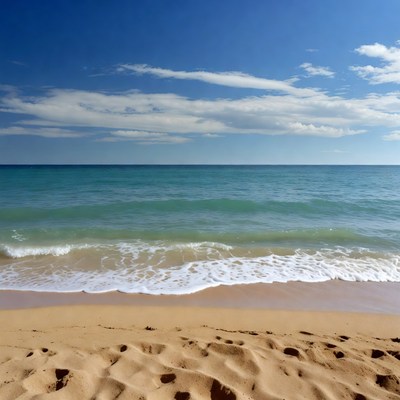Sandy Beach with Footprints and Ocean Waves
