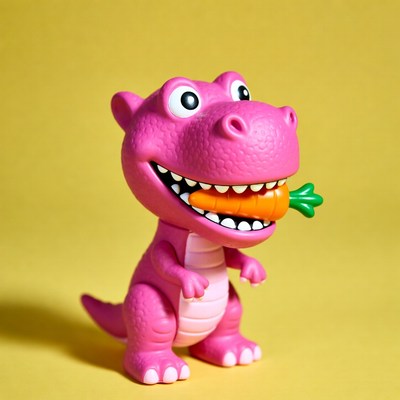 Pink dinosaur eating carrot