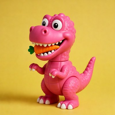Pink dinosaur eating carrot