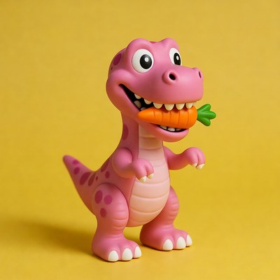 Pink dinosaur eating carrot