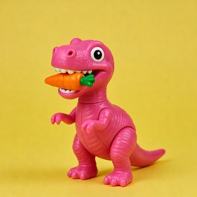 Pink T-Rex toy eating carrot