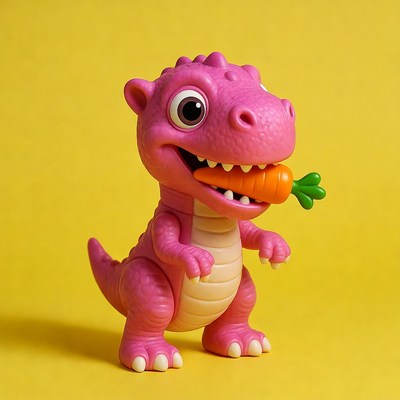 Pink dinosaur toy eating carrot