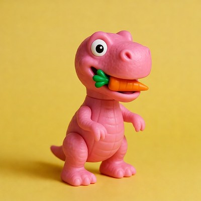 Pink dinosaur eating carrot