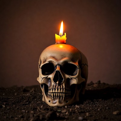 Skull with lit candle on dirt