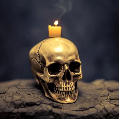Skull with lit candle on rock