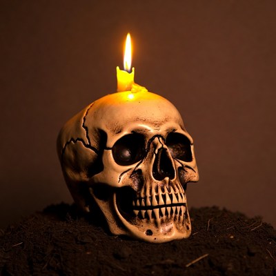 Skull with lit candle on dirt