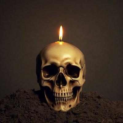 Skull with Candle on Dirt