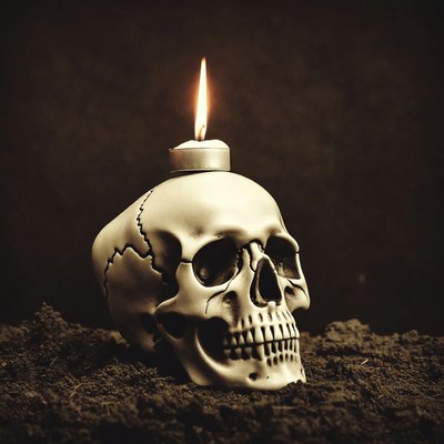 Skull with lit candle on dirt