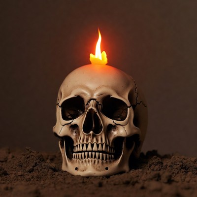 Skull with Burning Candle on Top