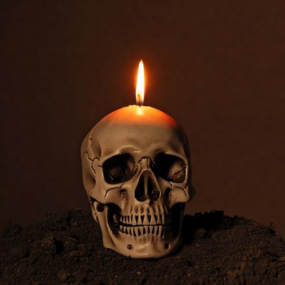 Skull Candle Burning on Dirt