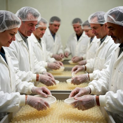 Workers handling tapioca pearls in lab coats