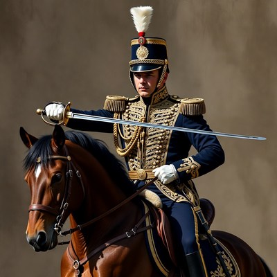 Man in ornate uniform riding horse