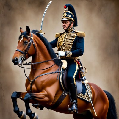 Man in gold military uniform on horse