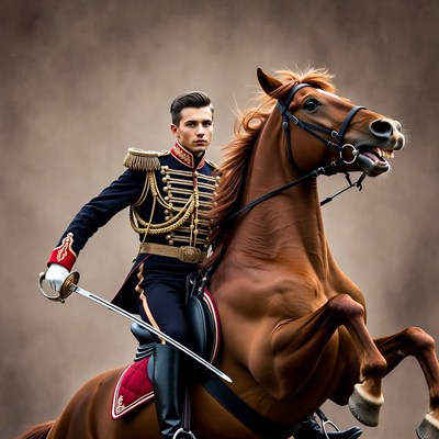 Man riding rearing horse in uniform