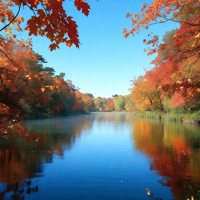Autumn River Framed by Red Maple Trees