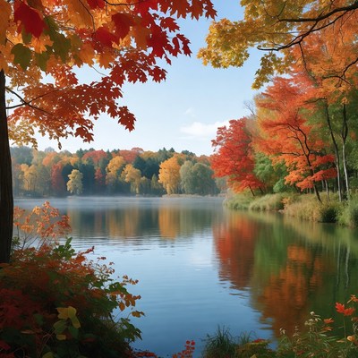 Autumn Forest Framing Serene Lake