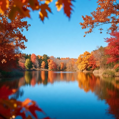 Autumn Lake with Orange Foliage Reflection