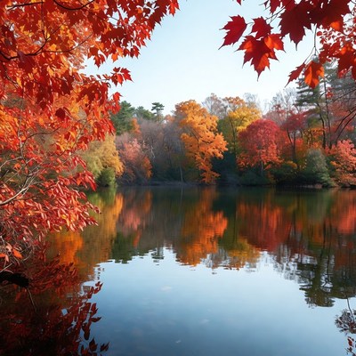 Autumn Maple Trees Framing Calm Lake