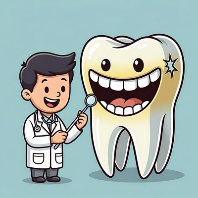 Dentist examining cartoon tooth