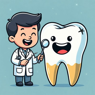 Dentist examining cartoon tooth