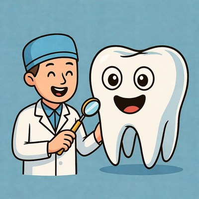 Dentist examining cartoon tooth