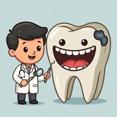 Dentist examining cartoon tooth