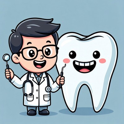 Cartoon Dentist Examining Happy Tooth