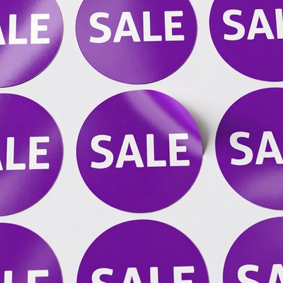 Purple SALE Stickers on White Background