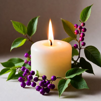 White Candle with Purple Berries and Leaves