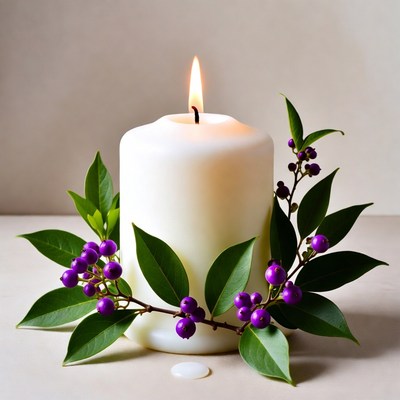 White Candle with Purple Berries