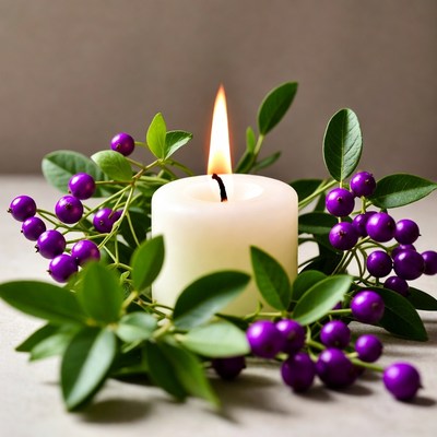 White Candle with Purple Berries