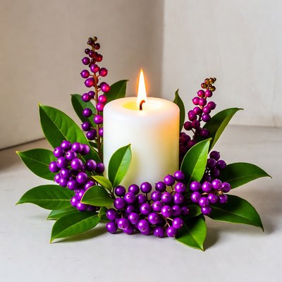 White Candle with Purple Berries