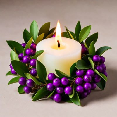 White Candle in Purple Berry Wreath