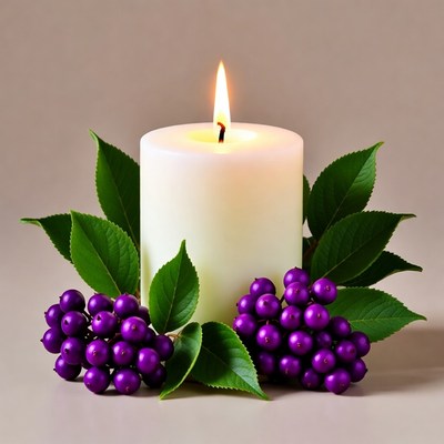 White Candle with Purple Grapes and Leaves