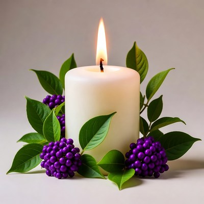 Lit White Candle with Purple Berries