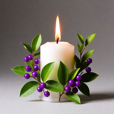 White Candle with Purple Berries and Leaves
