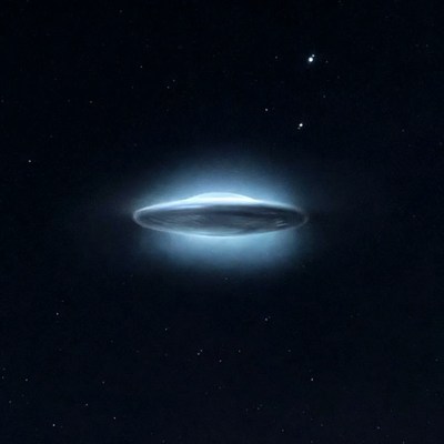 Glowing UFO in starry space