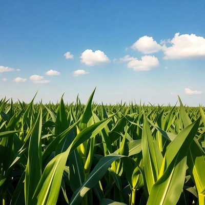 Green corn field under blue sky