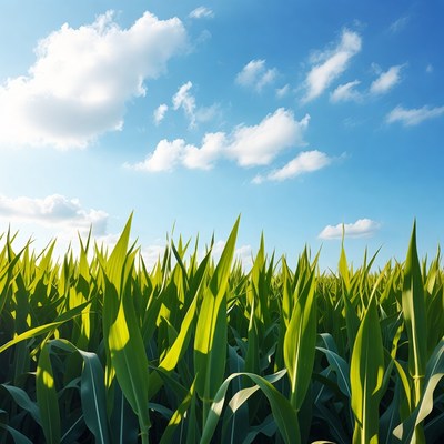 Green cornfield under blue sky