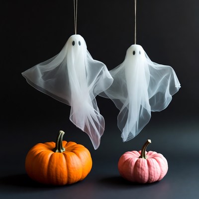Two Hanging Ghosts with Pumpkins