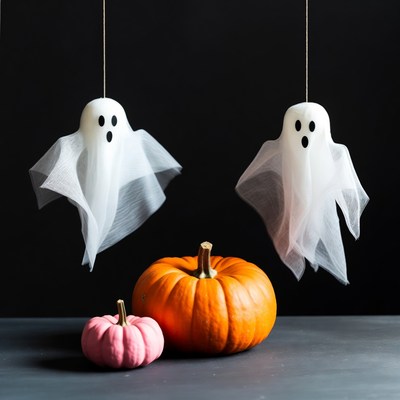 Halloween ghosts hanging over pumpkins