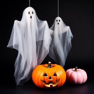 Halloween ghosts with carved pumpkins