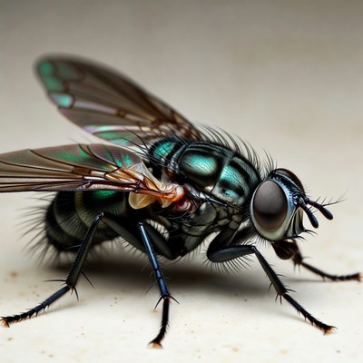 Green Metallic Fly on White Background