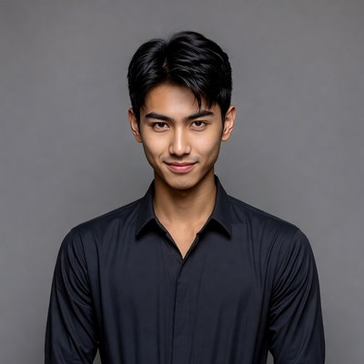 Asian man smiling in black shirt