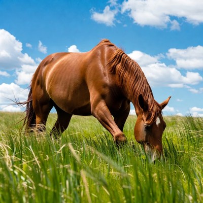 Brown horse grazing in green field