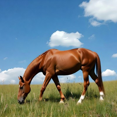 Brown horse grazing in grass
