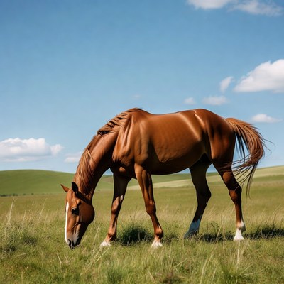 Brown horse grazing in green field