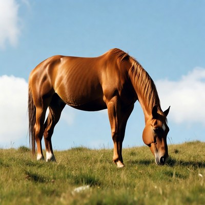 Bay horse grazing on grassy hill