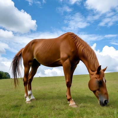 Bay horse grazing in green field